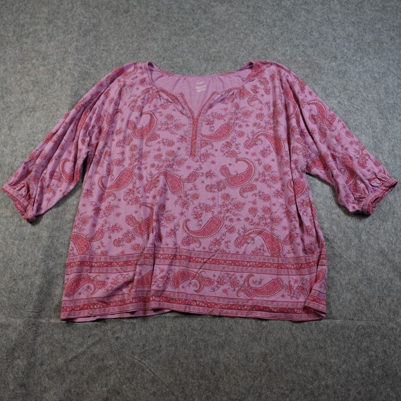 J. Jill Tops - J Jill Top Womens 3X Split Neck Border Print Paisley Lavender Paisley Cotton